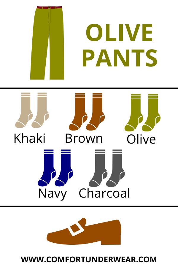 How to pair olive pants with colored socks and loafers