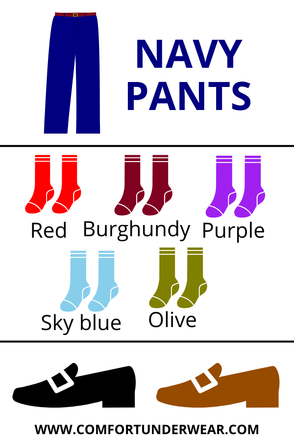 How to pair navy pants with colored socks and loafers