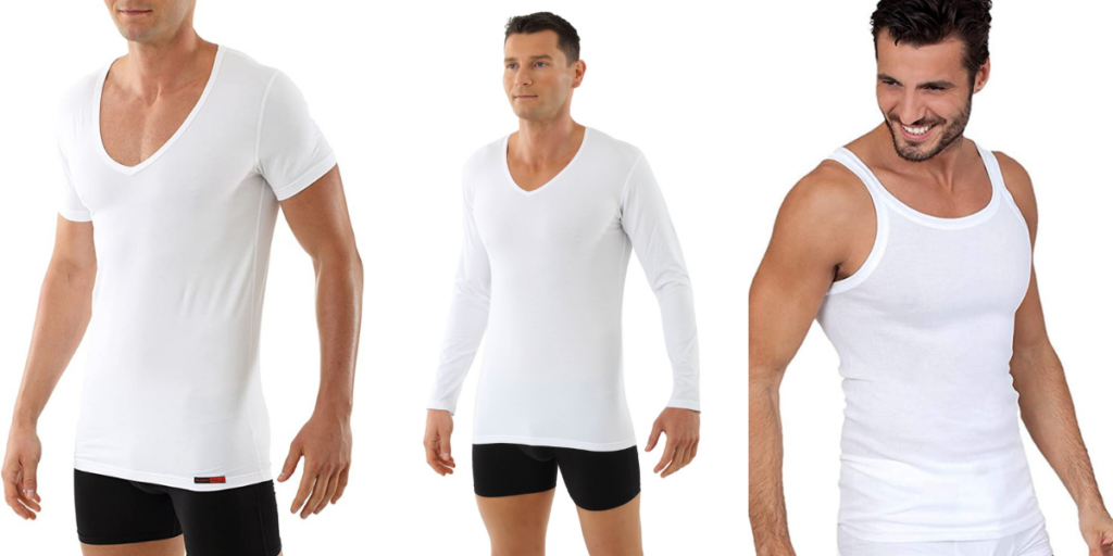 Undershirts with short and long sleeves and tank top.