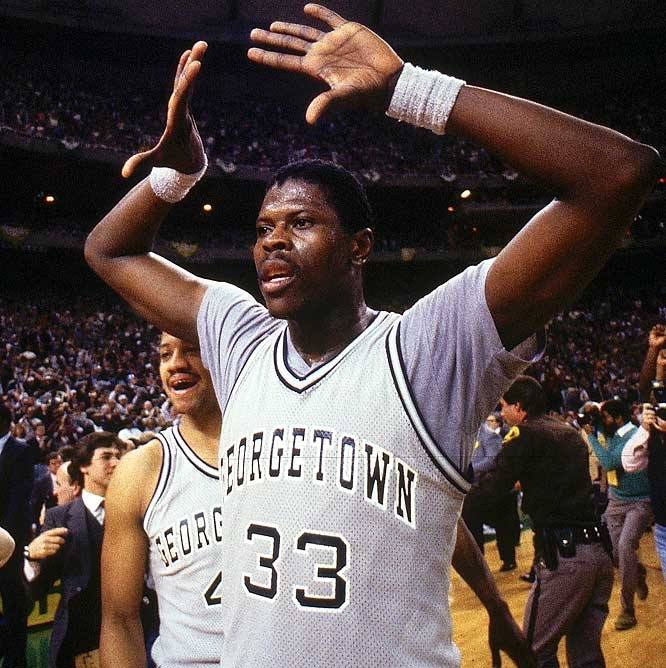Patrick Ewing wearing undershirt while playing for Georgetown college.